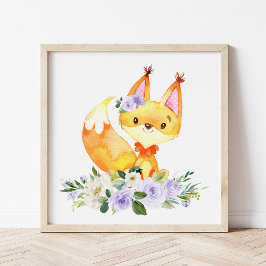 Poster Raposa, Animais da Floresta, Boho, Flores Roxas