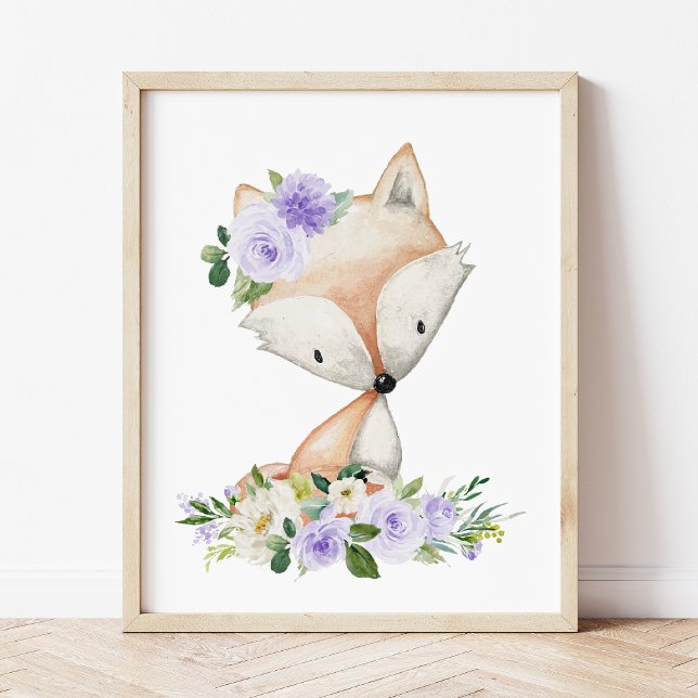 Poster Raposa, Animais Da Floresta, Boho, Flores Roxas (Criador carregado)