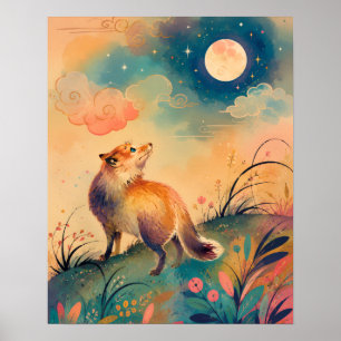 POSTER RAPOSA AO LUAR ARTE FOLCLÓRICA FLORESTA NOTURNA