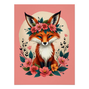 Póster Raposa Boho Caprichosa com Coroa Floral da Florest