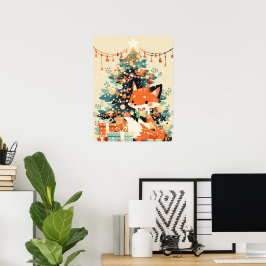 Poster Raposa com Árvore de Natal e Presentes