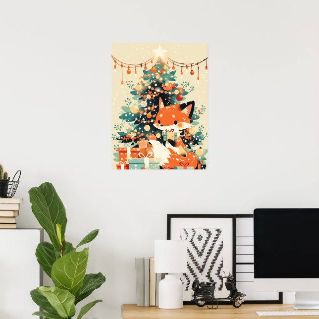 Poster Raposa com Árvore de Natal e Presentes (Escritório em casa)