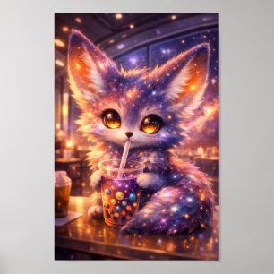 Poster Raposa da Galáxia Bebendo Chá de Boba Animal Espac
