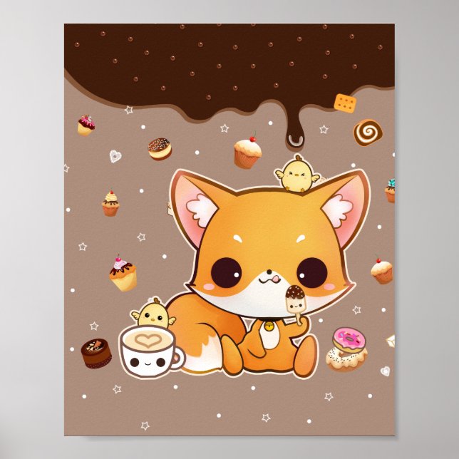 Póster Raposa-de-chibi-branca com icecream kawaii (Frente)