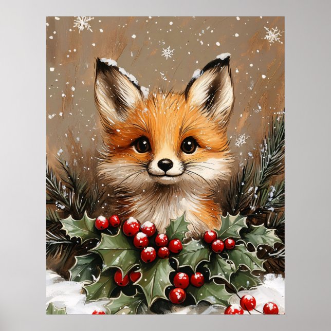 Poster Raposa de Inverno com Azevinho e Pinheiro Nevado (Frente)