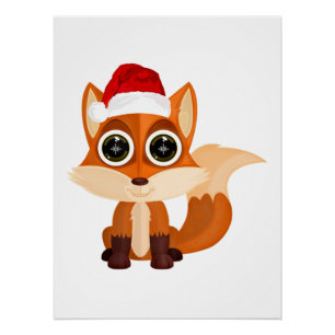 Póster Raposa de Natal Fofa Desenho Animado Festa de Féri
