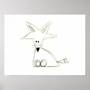 Póster raposa desenho simples preto branco cinza infantil