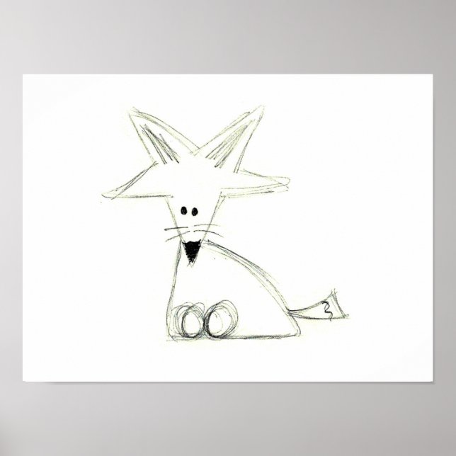Póster raposa desenho simples preto branco cinza infantil (Frente)