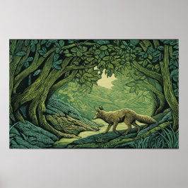 Poster Raposa em uma floresta com texturas de xilogravura