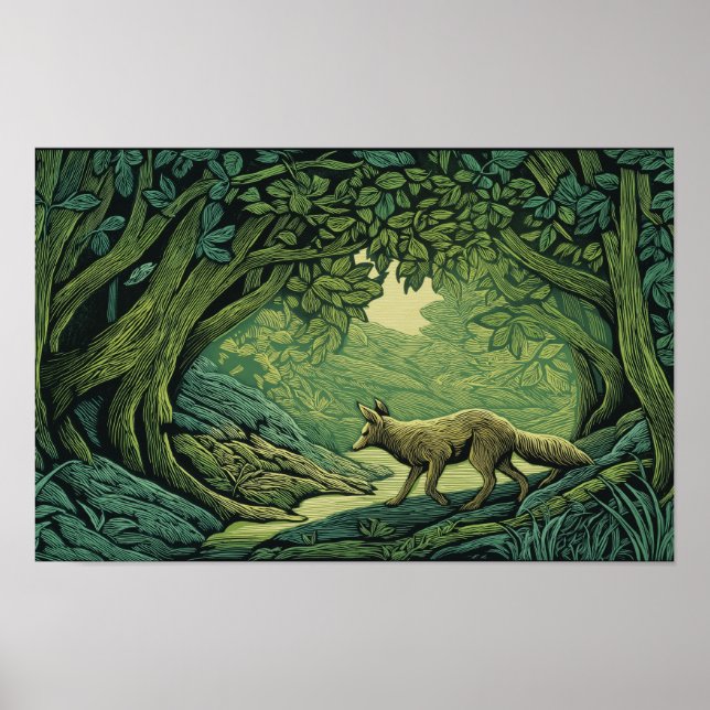 Poster Raposa em uma floresta com texturas de xilogravura (Frente)