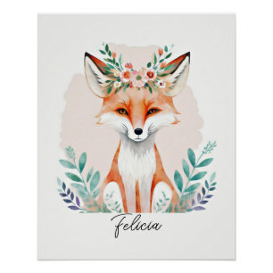 Póster Raposa floral de aquarela personalizada