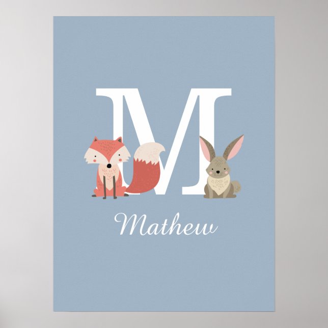 Poster Raposa Fofa e Animais da Floresta Coelho Monograma (Frente)