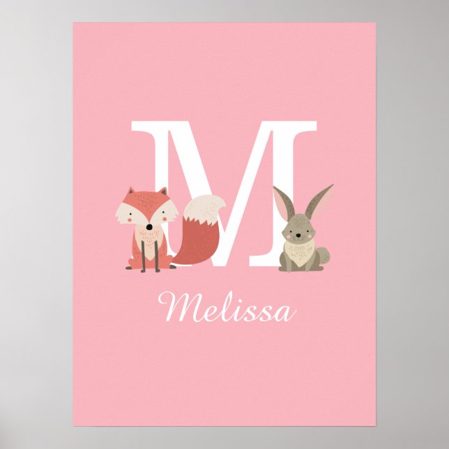 Poster Raposa Fofa e Coelho Animais da Floresta Monograma (Frente)