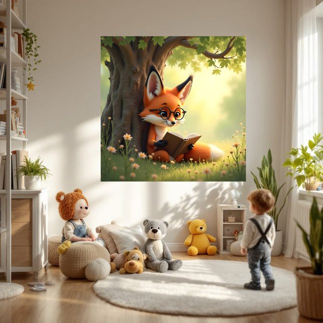 Póster Raposa fofa lendo um livro, quarto de crianças  (Criador carregado)