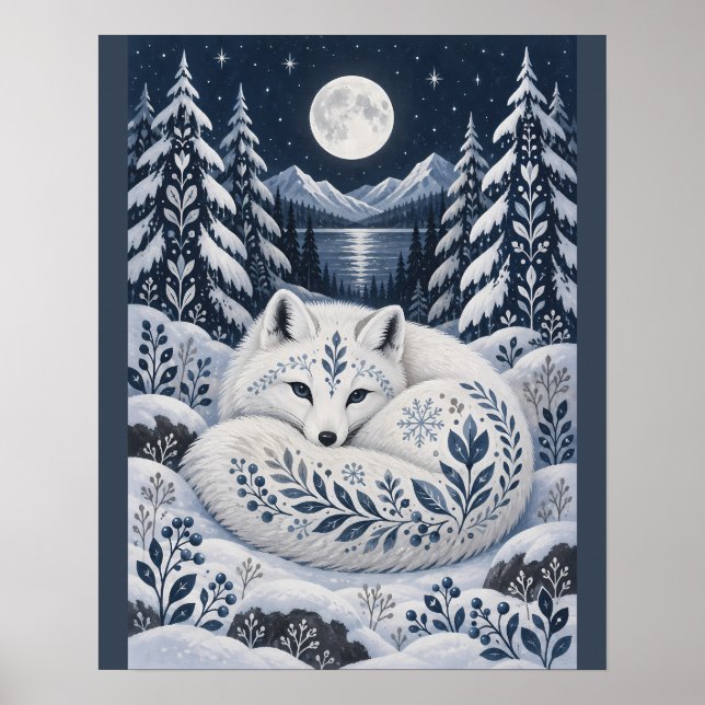 Poster Raposa Invernal Pacífica Enrolada numa Lua Nevada  (Frente)