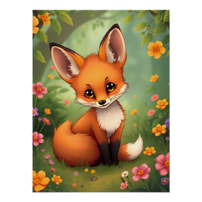 Póster Raposa marrom fofa na floresta (Frente)