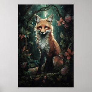 Poster Raposa na Floresta Mágica de Flores Impressa, Dark