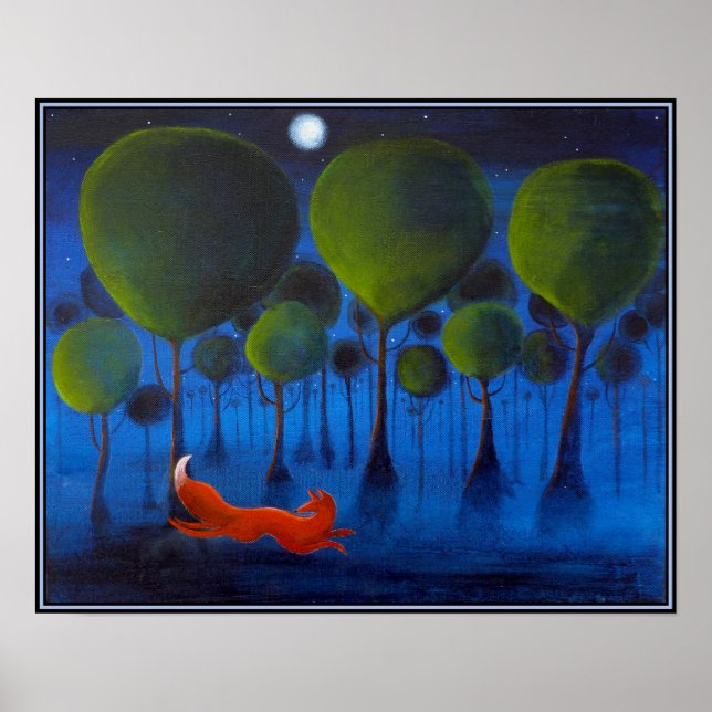 Póster Raposa vermelha com árvores na Noite. (Frente)