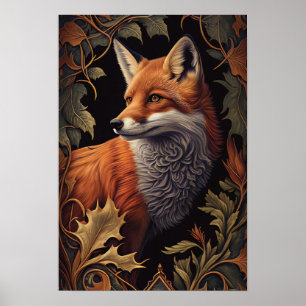 Poster Raposa Vermelha com Folhas Arte Sanitária Floral