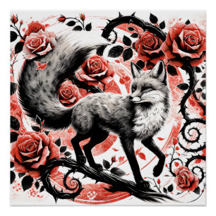 Póster Raposa Vermelha e Rosas com Thornes Linocut