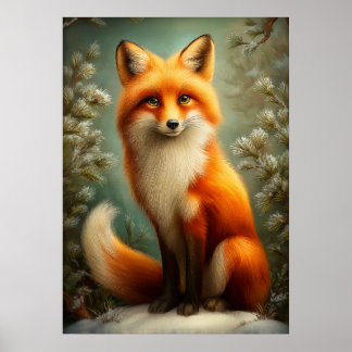 Poster Raposa vermelha na floresta de inverno
