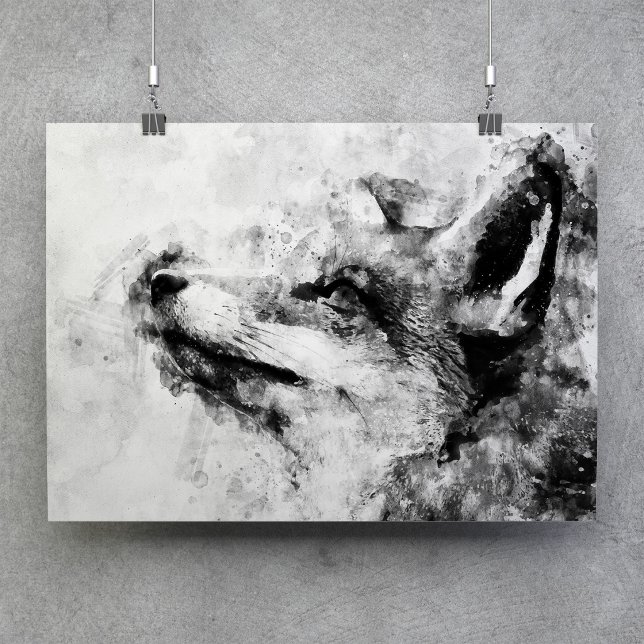 Poster Raposa Vermelha Preto e Branco Aquarela 01 (Red Fox Black and White Watercolor 01. Poster)
