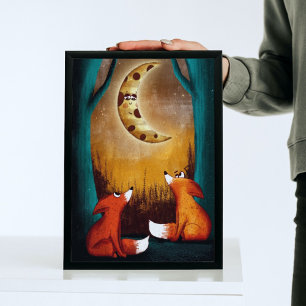 Poster Raposas da Floresta Noturna de Lua-de-Cuta Raposas
