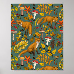 Poster Raposas de outono em pinheiro verde