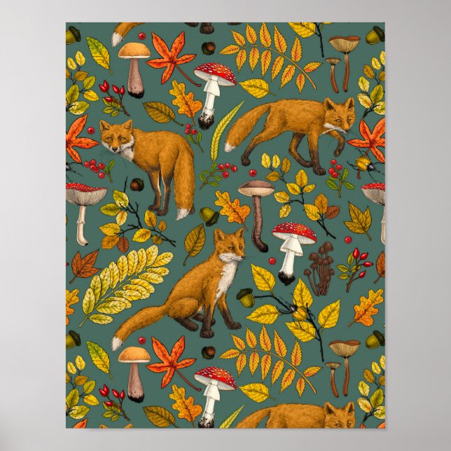 Poster Raposas de outono em pinheiro verde (Frente)