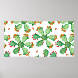Poster Raster watercolor seamless cactus set background.