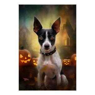 Póster Rato Terrier de Halloween com Abóboras Assustadora