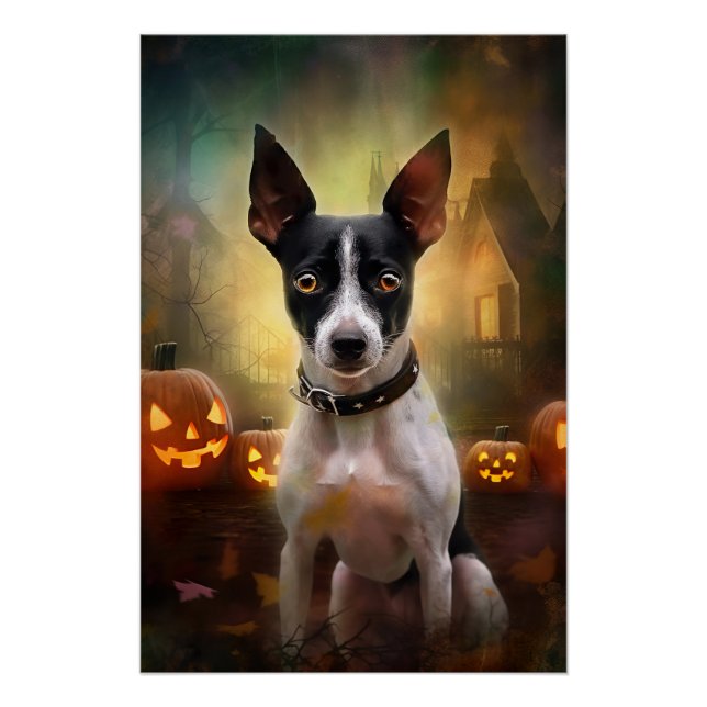 Póster Rato Terrier de Halloween com Abóboras Assustadora (Frente)