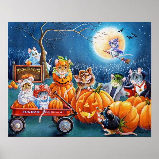 Poster Ratos Halloween em Pumpkin Patch Watercolor 16x20 (Frente)
