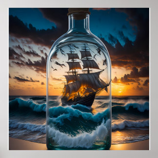 Poster Raue See mit Schiff in einer Flasche
