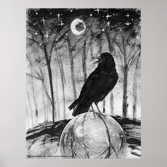 Póster Raven (ave negra) em matas com lua e estrelas (Frente)