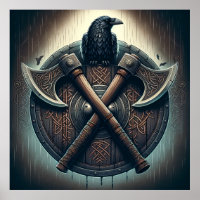 Raven e Eixos - Arte de Muro do Guerreiro Nórdico