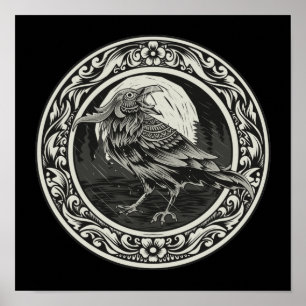 Poster Raven Medallion Carving Art Bird Nature