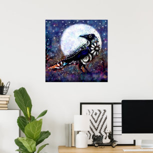 Poster Raven Moon Floral Preto Branco Branco