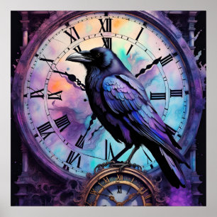 Poster Raven na Aquarela Clock