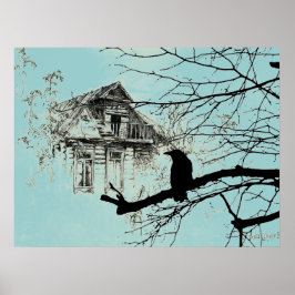 Póster Raven na árvore, casa em ruínas