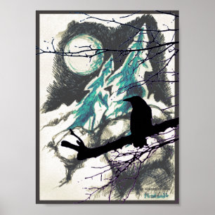 Poster Raven na floresta, a lua e galhos
