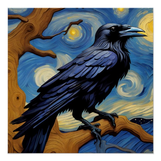Póster Raven no velho carvalho em uma noite estrelada (Frente)