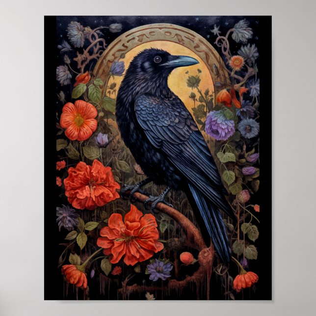 Poster Raven Preto com Design Gótico Flores (Frente)