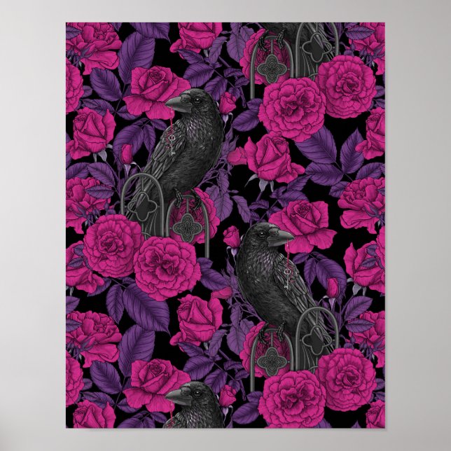 Poster Ravens e rosas cor-de-rosa (Frente)
