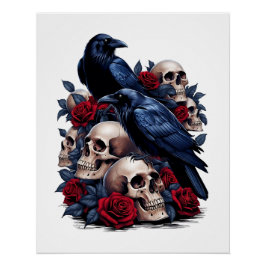 Póster Ravens e Rosas: Design de crânio gótico