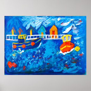 Póster Reboque barcos na pintura acrílica do mar pelo