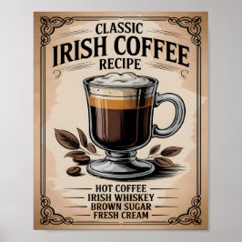 Poster Receita Clássica de Café Irlandês Cozinha Rústica
