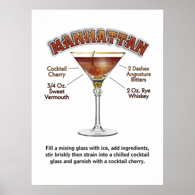 Poster Receita de Manhattan Cocktail Arte 18"x24" Impress (Frente)