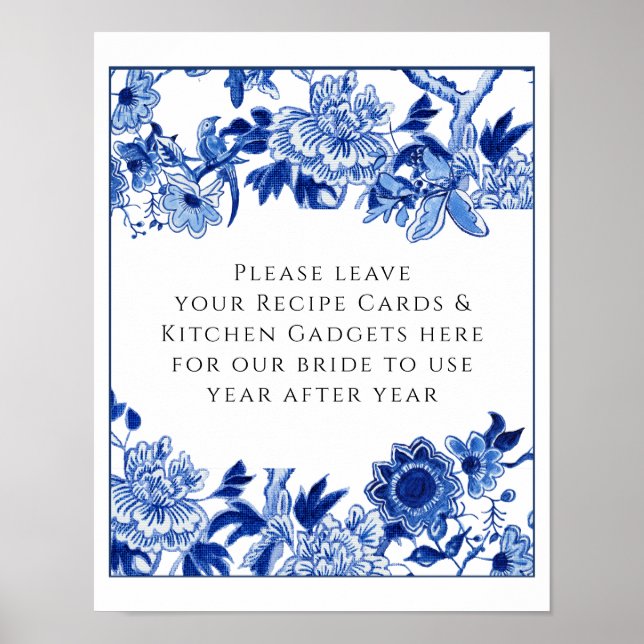 Poster Receita Mesa de Jantar de Chá de Noiva Azul Branco (Frente)