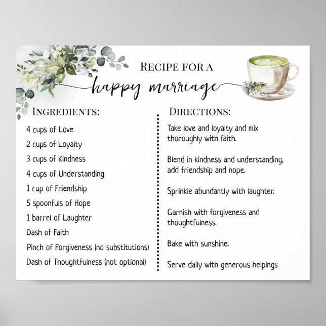 Poster Receita para uma Feliz Casamento Greenery Matcha (Frente)